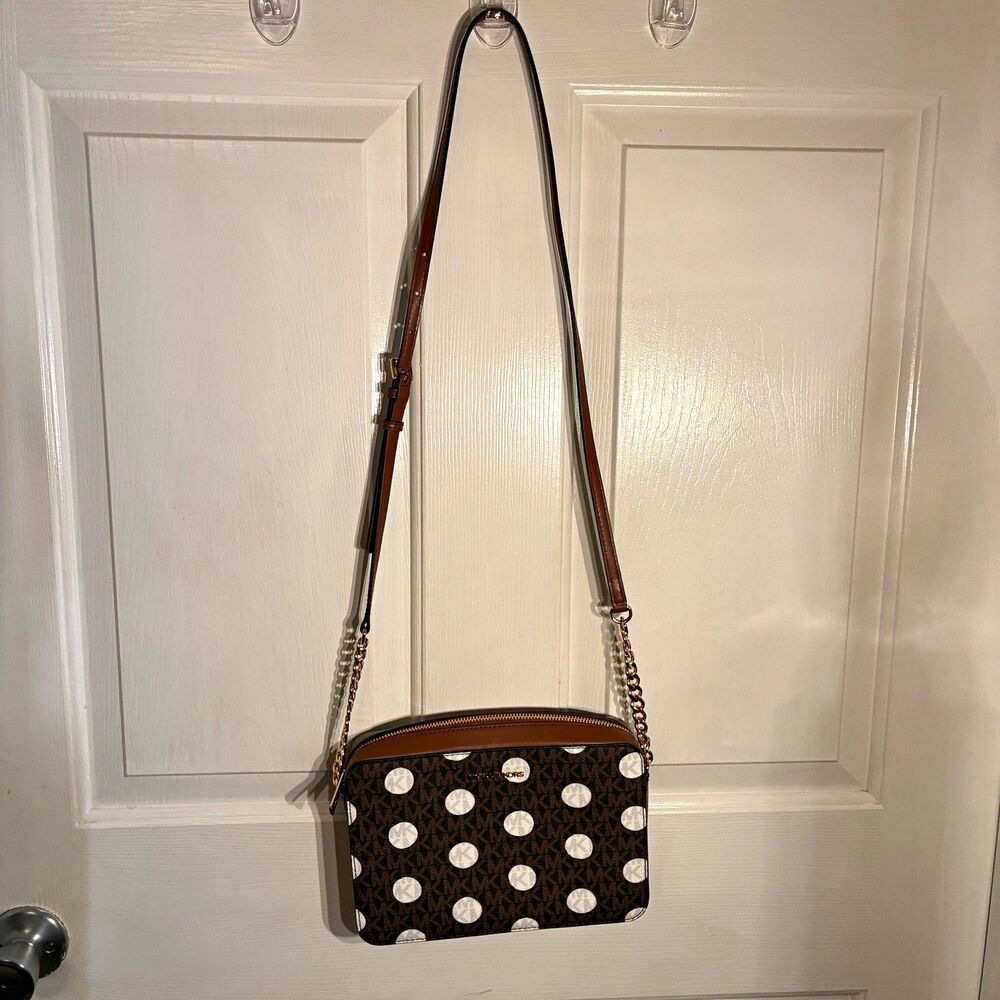 Michael Kors Signature Brown/White Polka Dot Zip Crossbody Chain Strap Medium